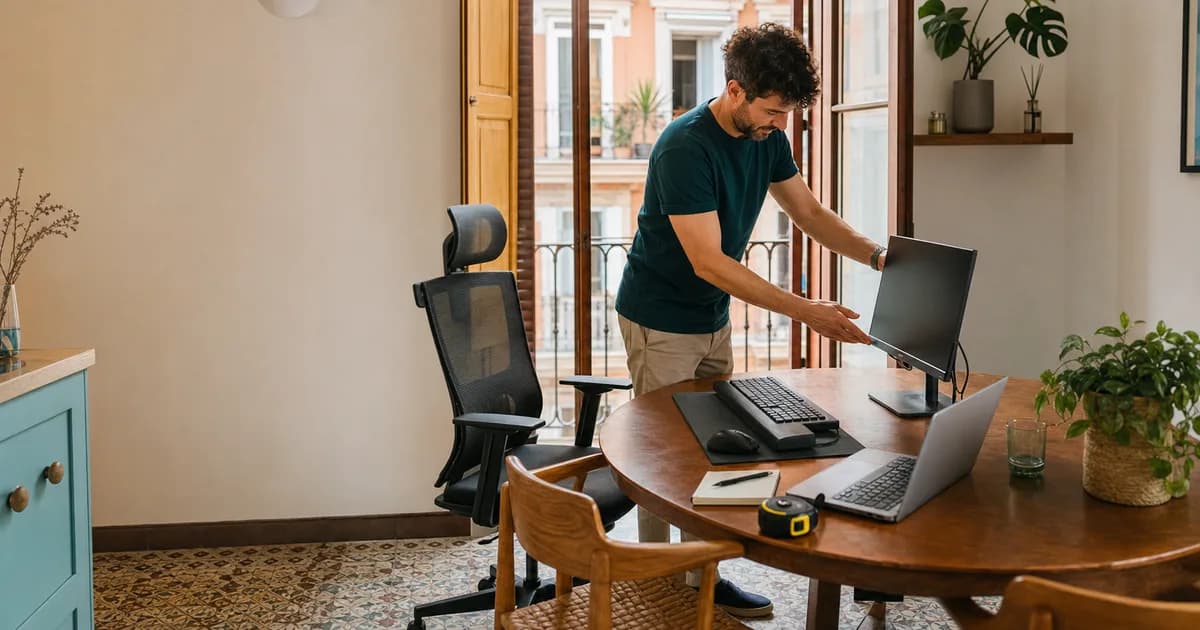 Remote worker setting up a monitor and ergonomic chair in a Valencia apartment