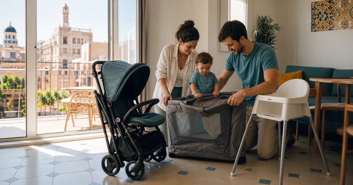 Family comparing a stroller, travel cot and high chair in a Valencia holiday apartment