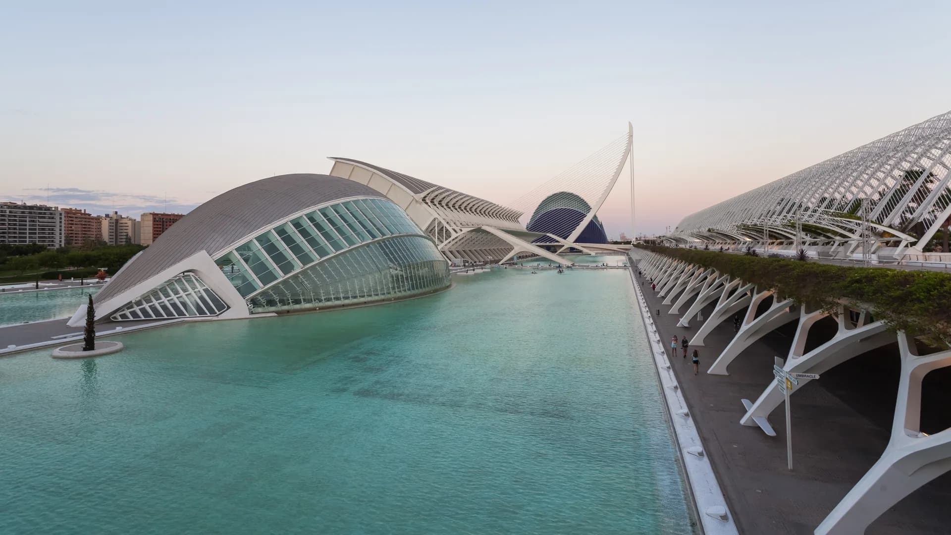 Arquitectura blanca y estanques de la Ciudad de las Artes y las Ciencias